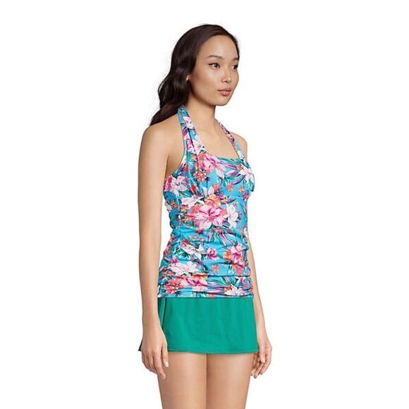 New Land’s End Plus size soft cup halter tankini Turquoise Lily Palm Print 26W - Picture 2 of 5